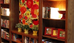 bookshelf with colorful accessories
