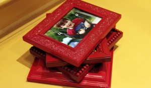 red photo frames stacked