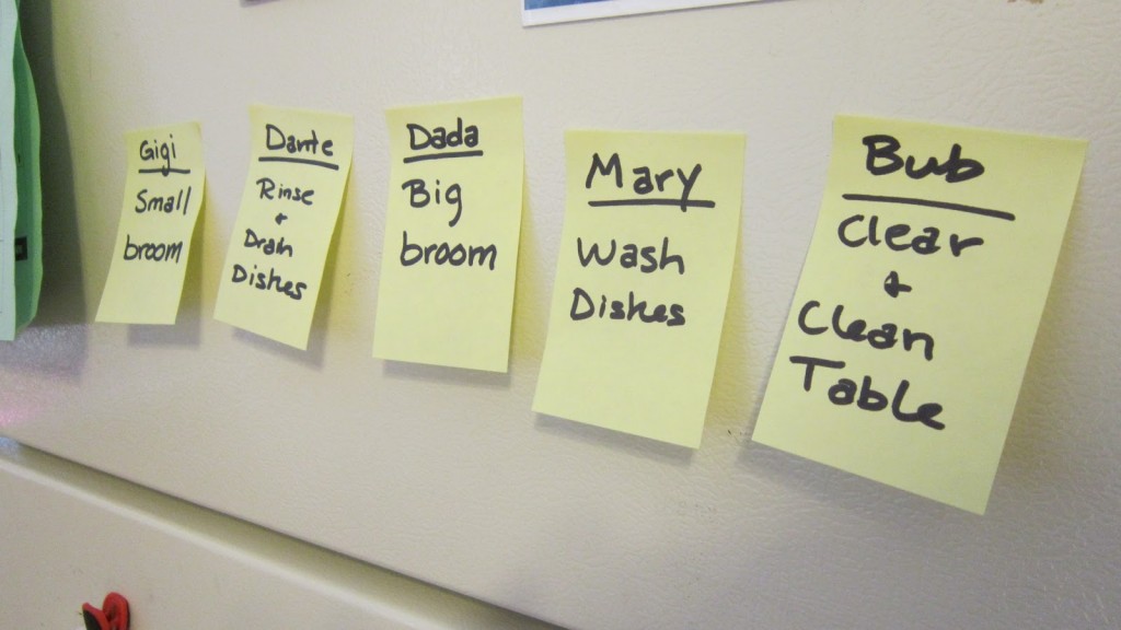 Post-its stuck on a fridge with chores listed