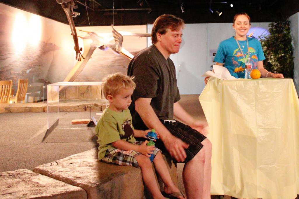 child, man and docent under a dinosaur display at a museum