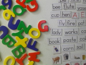 Magnet letters and words on a fridge