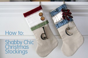 Two shabby chic stockings hanging from a mantle