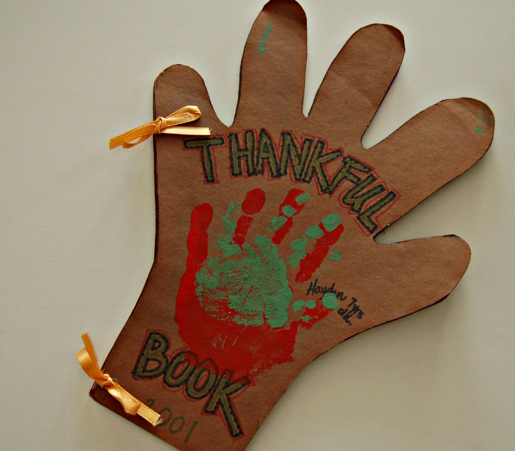 Brown paper hand-shaped "thankful" book