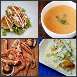 collection of seafood including lobster bisque, crab legs, fish cakes and tilapia tacos