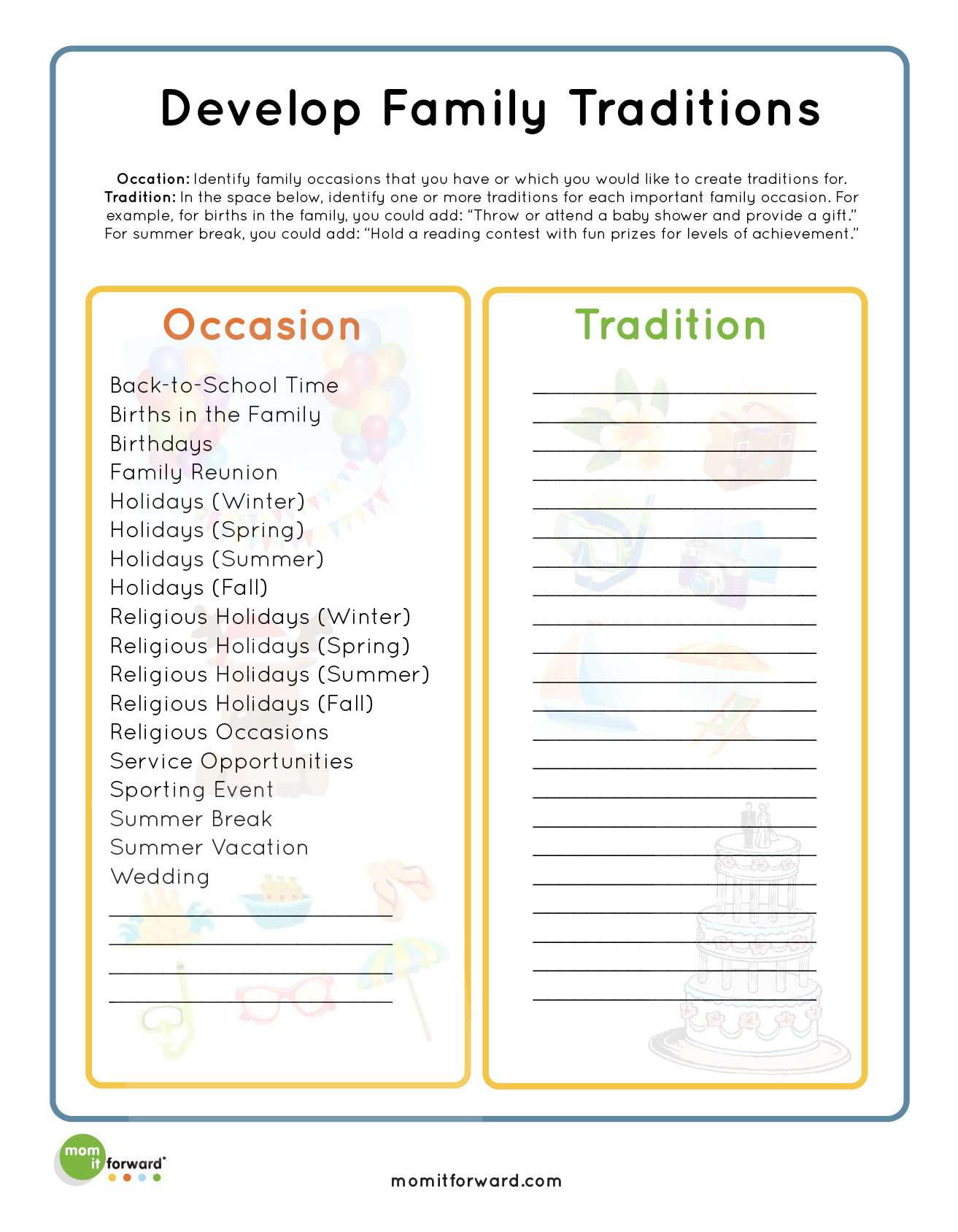 Family Traditions Worksheet