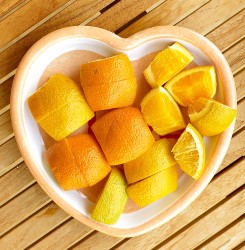 Sliced oranges in a heart dish